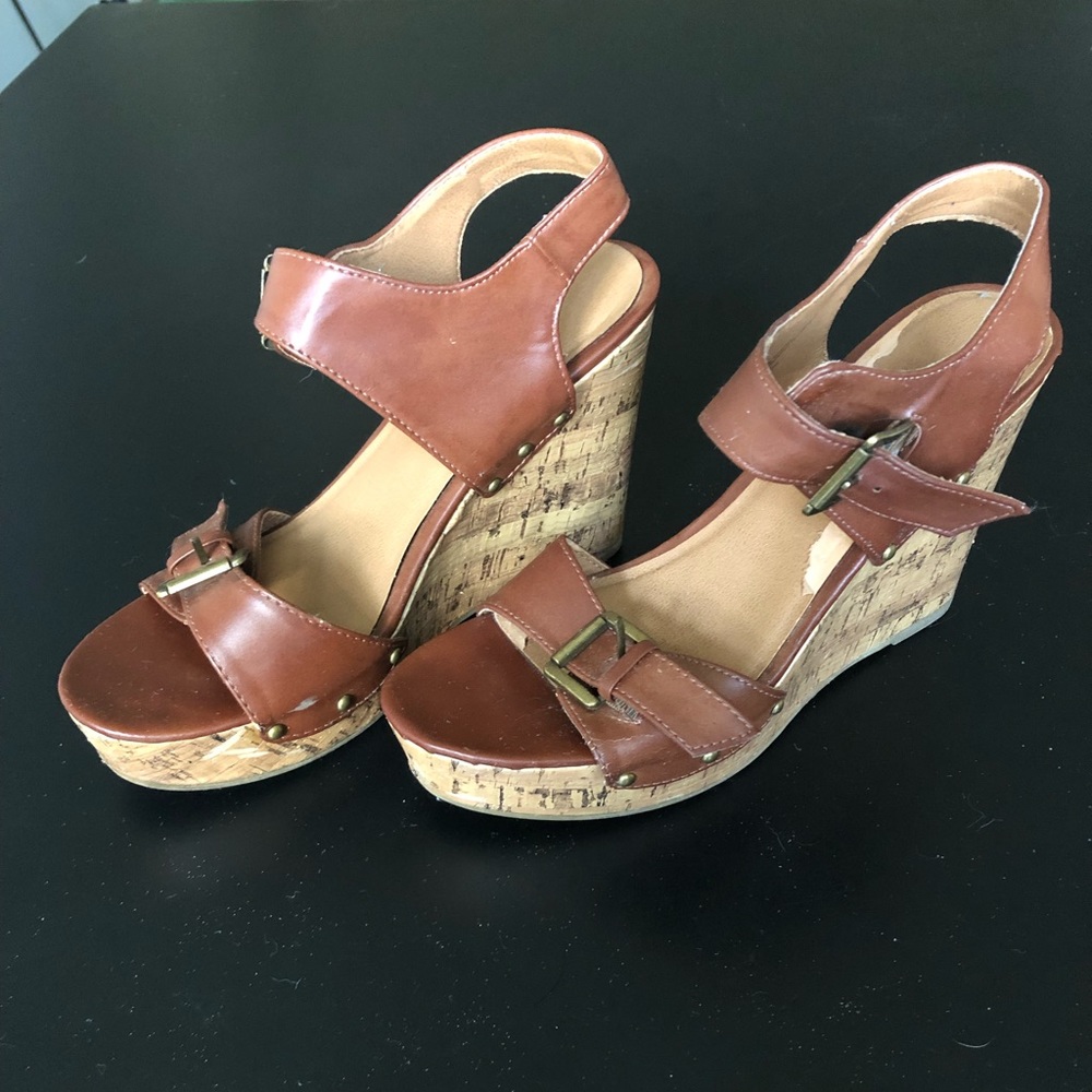 Size 8 Brown/Tan Cork Heel Wedge Sandals